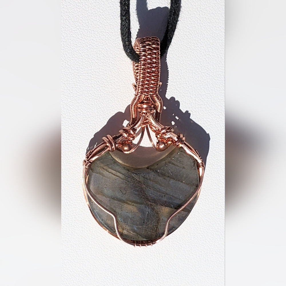 Ethereal Moon Pendant-Artisan-Blue Labradorite Gemstone-Copper Wire Wrap - Picture 15 of 17